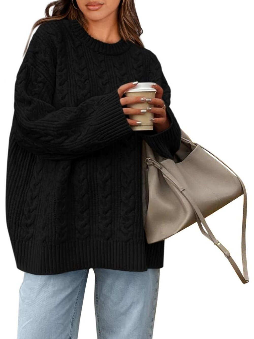 Women's Black Cozy Soft Chunky Textured Knit Crewneck Oversized Fashion Sweaters